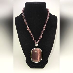 🟢3/$19🟢 Amethyst Cats Eye Silver Pendant Chips Necklace